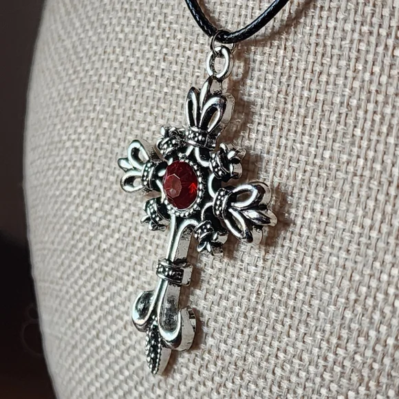 Elegant Silver Goth Easter Cross Pendant Necklace with Red Gem - Picture 2 of 8